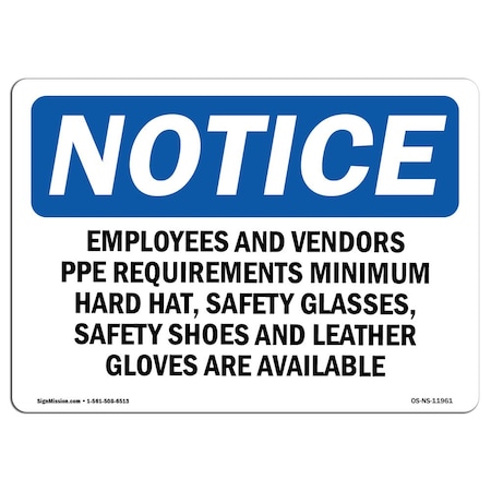 Signmission OSHA Sign, Employees & Vendors PPE Requirements Minimum, 24in X 18in Alum, 24" W, 18" H, Landscap OS-NS-A-1824-L-11961